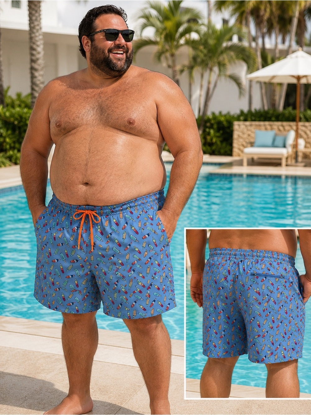 Caribbean Blue Swim Trunks with Orange Drawstring